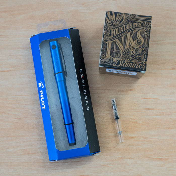 Pilot Explorer Blue Fountain Pen Bundle (Mystery Diamine Ink, Con-40 Ink Converter)