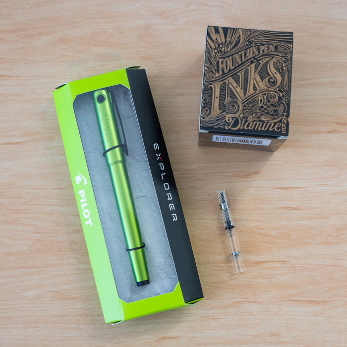 Pilot Explorer Green Fountain Pen Bundle (Mystery Diamine Ink, Con-40 Ink Converter)