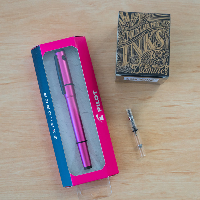 Pilot Explorer Pink Fountain Pen Bundle (Mystery Diamine Ink, Con-40 Ink Converter)