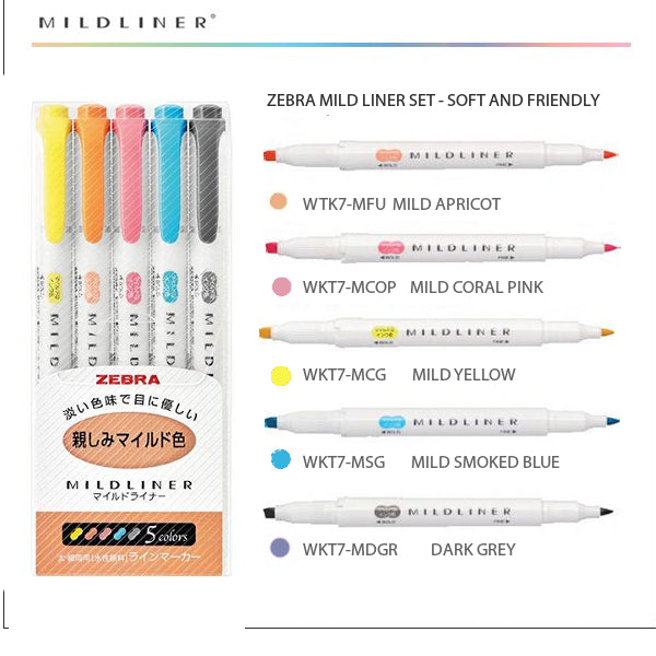 Zebra MildLiner Soft & Friendly 5 Colour Set