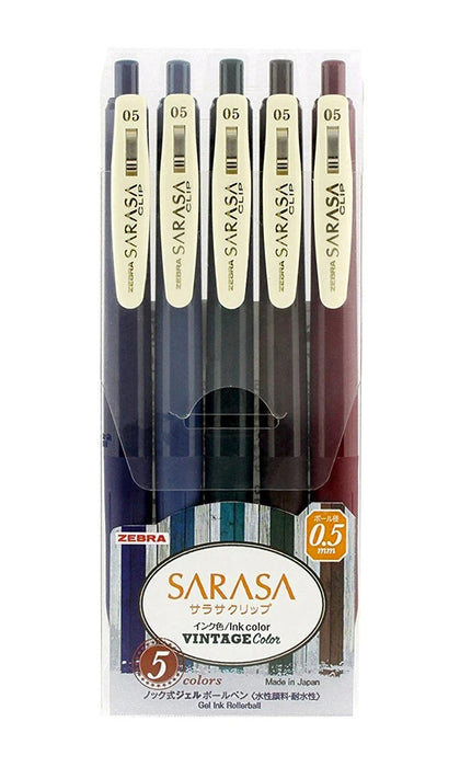 Zebra Sarasa Clip Gel Vintage Rollerball Pens, 5pc Set