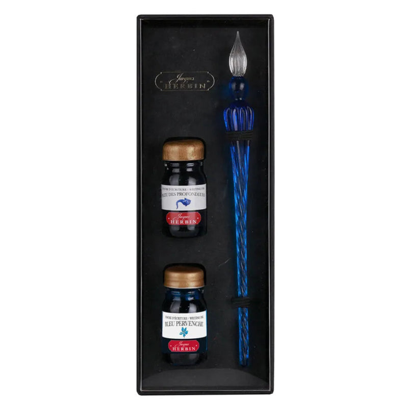 Jacques Herbin Round Glass Dip Pen and Inks Gift Set - Navy Blue