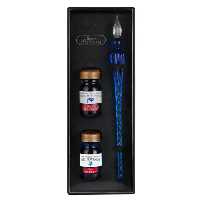 Jacques Herbin Round Glass Dip Pen and Inks Gift Set - Navy Blue