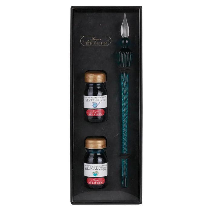 Jacques Herbin Round Glass Dip Pen and Inks Gift Set - Emerald