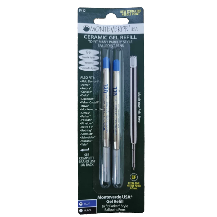 Monteverde P412 Parker Blue Extra Fine Ceramic Gel Ballpoint Refill, Pk2