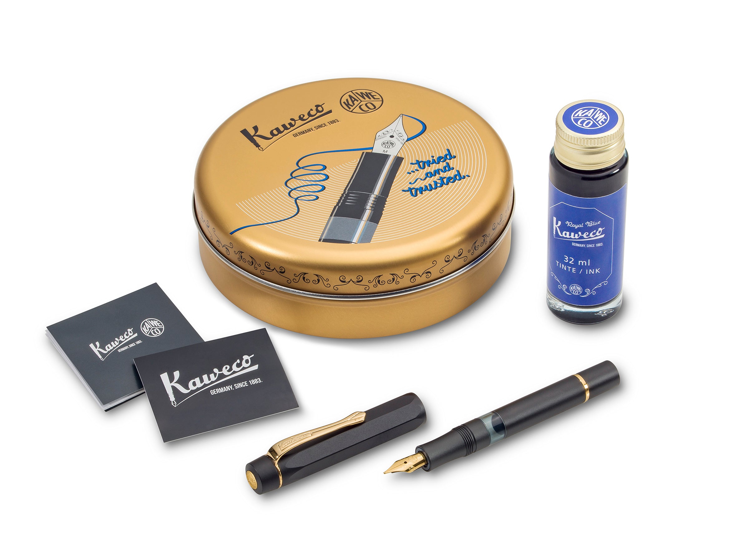 Kaweco Piston Sport AL Fountain Pen and Ink Gift Set - Black/Gold