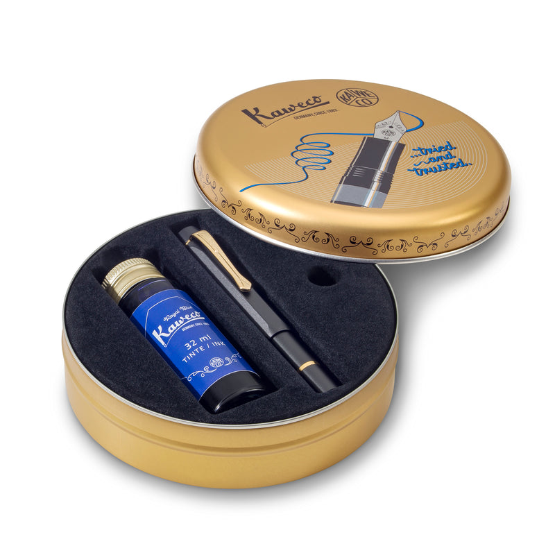 Kaweco Piston Sport AL Fountain Pen and Ink Gift Set - Black/Gold