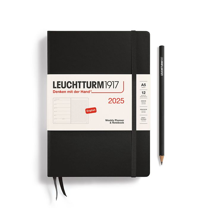 *Clearance* Leuchtturm1917 - 2025 Weekly Planner & Notebook Hardcover (A5), Dotted - Black (Last Year)