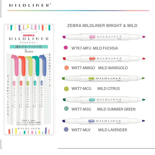 Zebra MildLiner Highlighter Bright & Mild 5 Colour Set