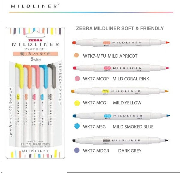 Zebra Mildliner Highlighter Soft & Friendly 5 Colour Set