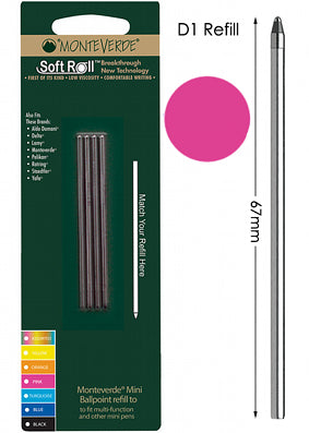 Monteverde D1 Pink Mini Ballpoint Refill, Pk4