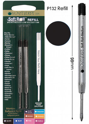 Monteverde P132 Black Soft Roll Medium Ballpoint Refill, Pk2