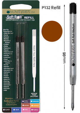 Monteverde P132 Brown Soft Roll Medium Ballpoint Refill, Pk2