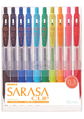 Zebra Sarasa Clip Gel 0.3mm Rollerball Pens, 10pc Set