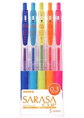 Zebra Sarasa Clip Gel 0.3mm Rollerball Pens, 5pc Set