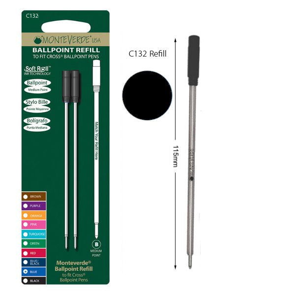 Monteverde C132 Cross Black Soft Roll Medium Ballpoint Refill, Pk2
