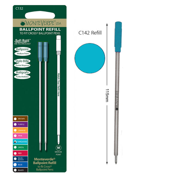 Monteverde C132 Cross Turquoise Soft Roll Medium Ballpoint Refill, Pk2