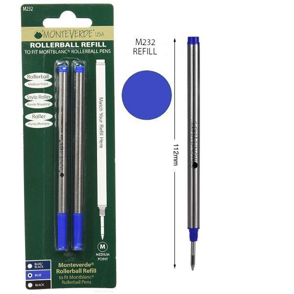 Monteverde M232 Montblanc Blue Medium Rollerball Refill, Pk2