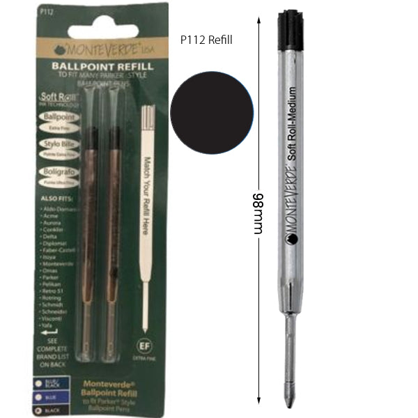 Monteverde P112 Black Soft Roll Extra Fine Ballpoint Refill, Pk2