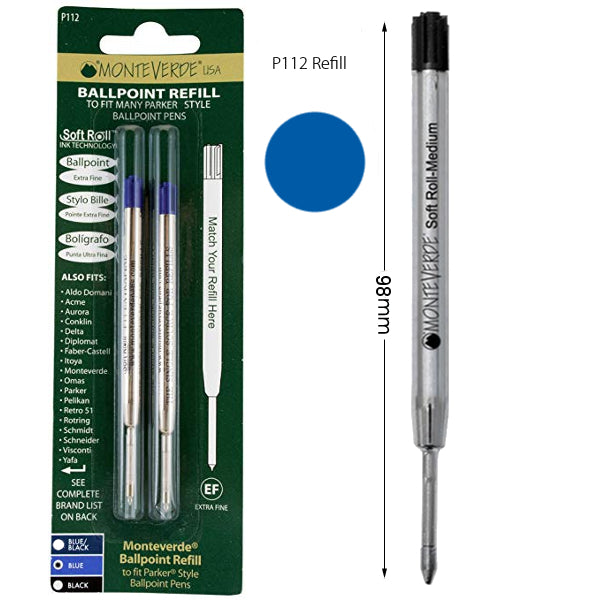 Monteverde P112 Blue Soft Roll Extra Fine Ballpoint Refill, Pk2