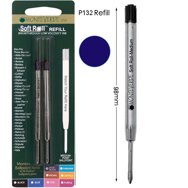 Monteverde P132 Blue Black Soft Roll Medium Ballpoint Refill, Pk2