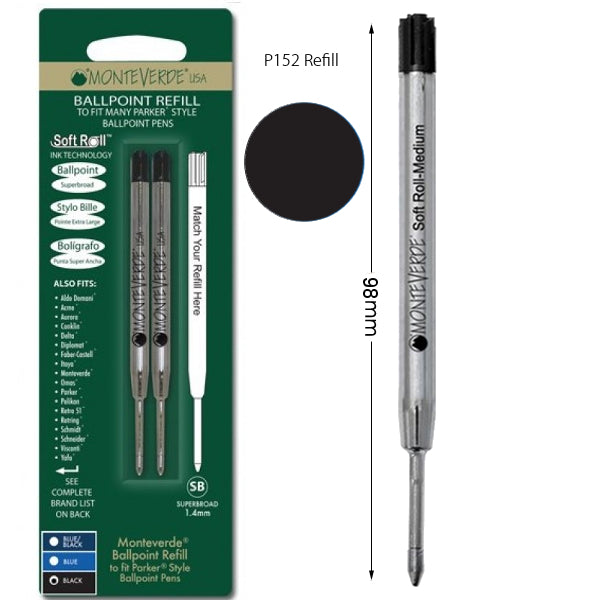 Monteverde P152 Parker Black Soft Roll Super Broad Ballpoint Refill, Pk2