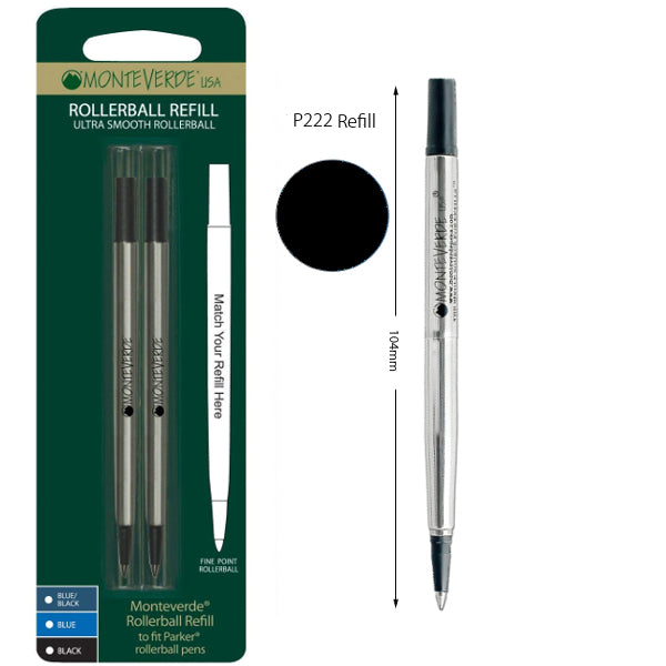 Monteverde P222 Parker Black Fine Rollerball Refill, Pk2