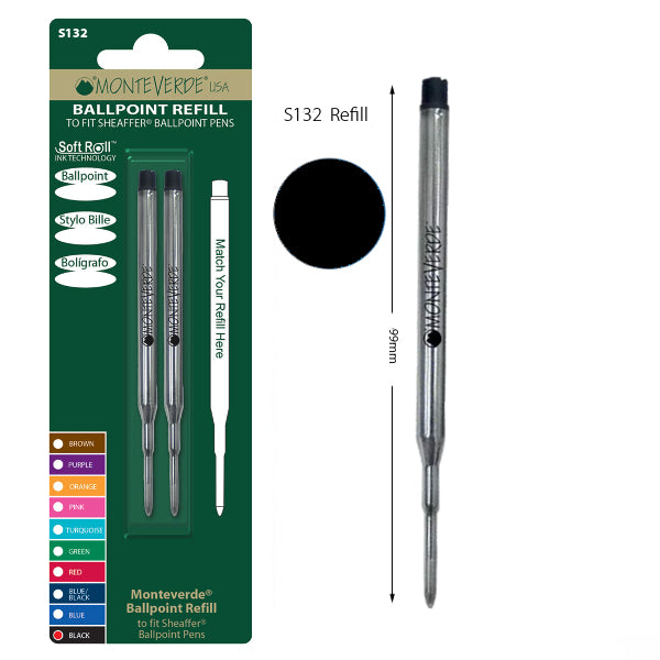 Monteverde S132 Sheaffer Black Soft Roll Medium Ballpoint Refill, Pk2