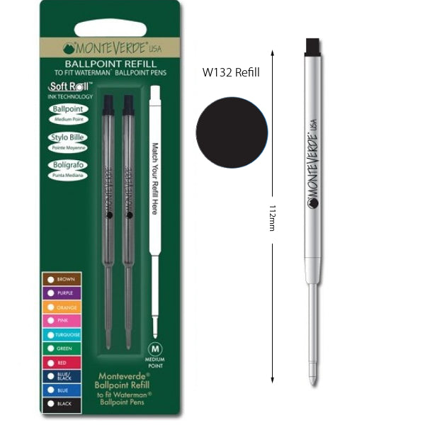 Monteverde W132 Waterman Black Soft Roll Medium Ballpoint Refill, Pk2