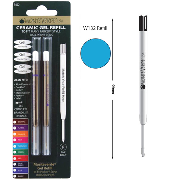 Monteverde P422 Parker Turquoise Fine Ceramic Gel Ballpoint Refill, Pk2