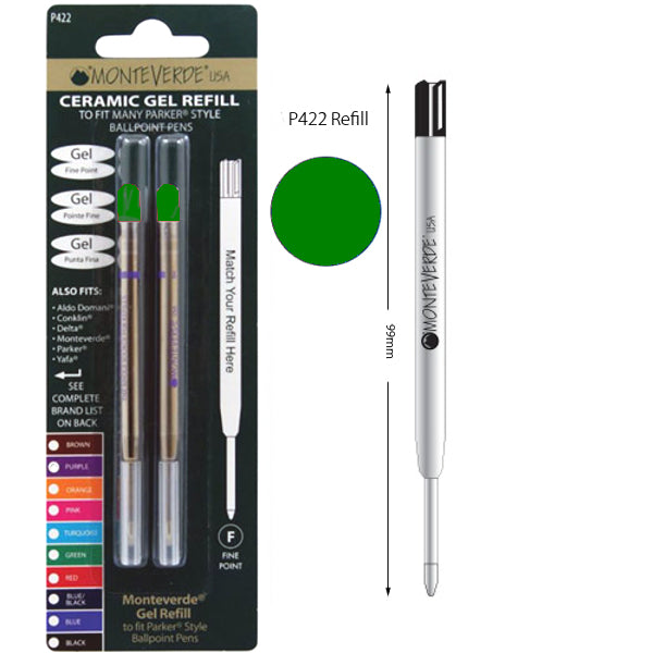 Monteverde P422 Parker Green Fine Ceramic Gel Ballpoint Refill, Pk2