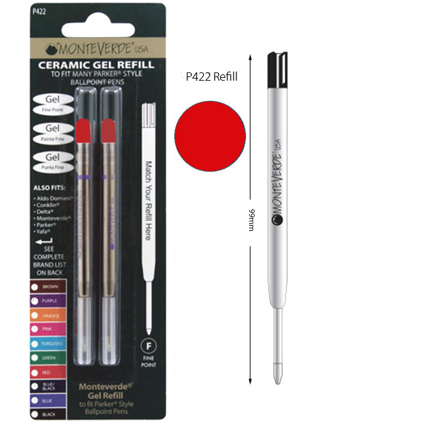 Monteverde P422 Parker Red Fine Ceramic Gel Ballpoint Refill, Pk2