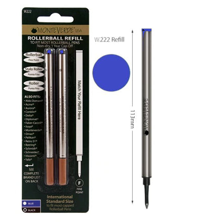 Monteverde W222 International Blue Soft Roll Fine Rollerball Refill, Pk2