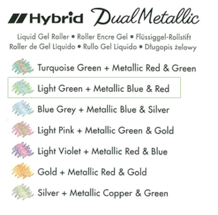 Pentel Hybrid Dual Metallic Gel Pen - Light Green and Metallic Blue & Red