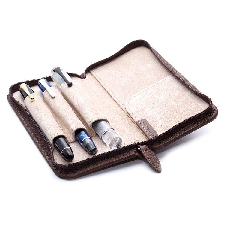 Pilot Pensemble Leather Zip 3 Pen Case - Dark Brown