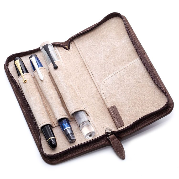 Pilot Pensemble Leather Zip 3 Pen Case - Dark Brown