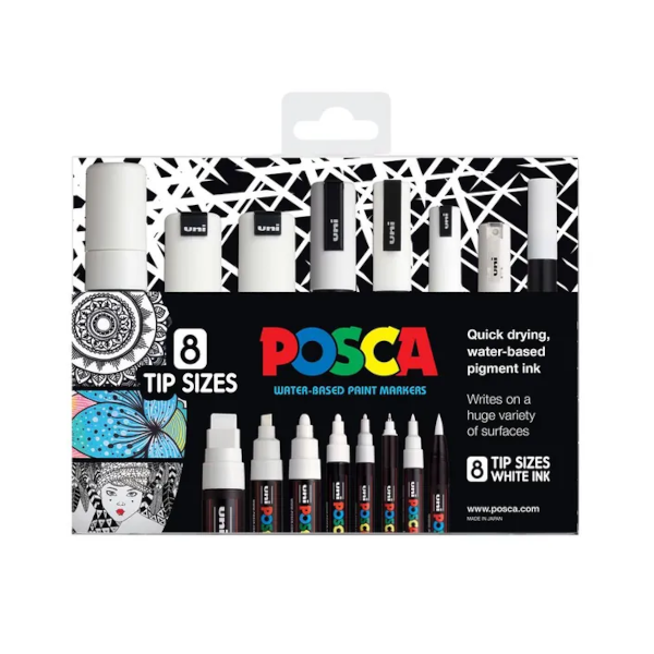 POSCA Paint Markers Assorted Tip Sizes White 8 Pack
