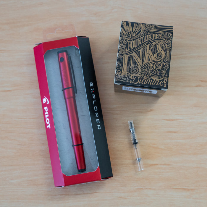 Pilot Explorer Red Fountain Pen Bundle (Mystery Diamine Ink, Con-40 Ink Converter)