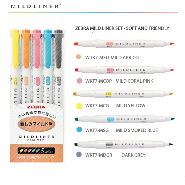 Zebra Mildliner Highlighter Soft & Friendly 5 Colour Set