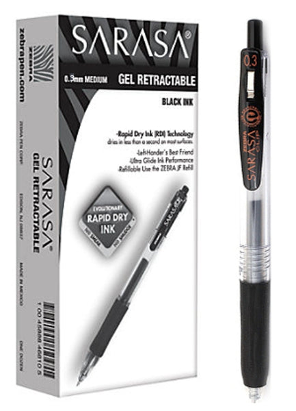 Zebra Sarasa Clip Gel 0.3mm Black Rollerball Pen (Box of 10)