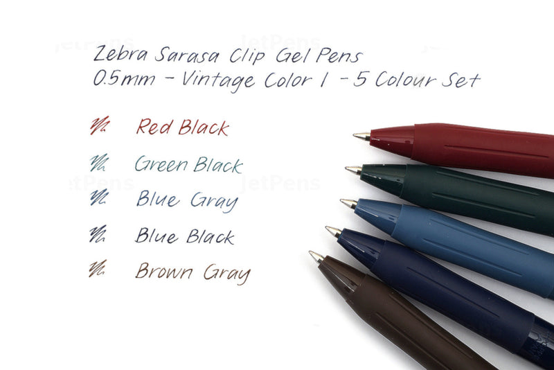 Zebra Sarasa Clip Gel Vintage Rollerball Pens, 5pc Set